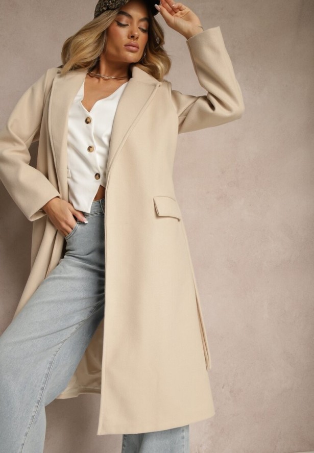 Jasnobeżowy Taliowany Płaszcz z Wiązanym Paskiem Seraphique