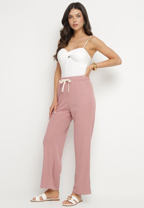 Różowe Spodnie z Gumką w Pasie i Szeroką Nogawką Mironia
