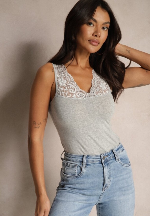 Ciemnoszary Bawełniany Top Ozdobiony Koronką Fariona