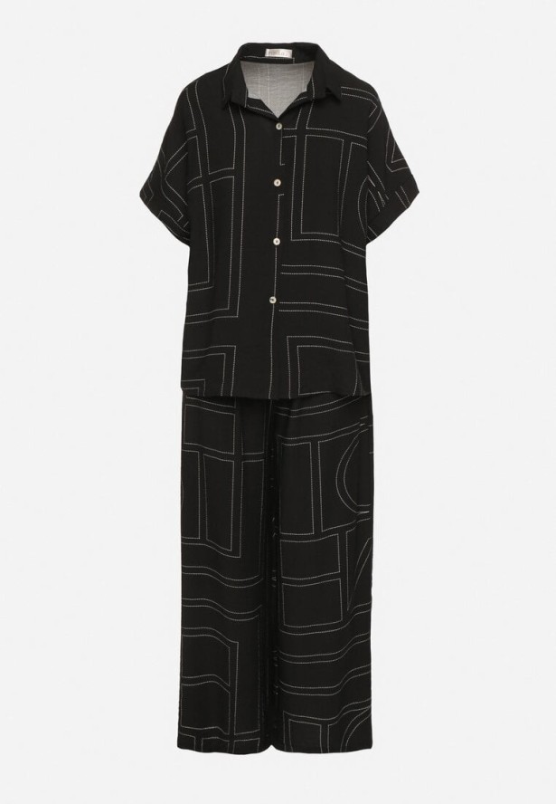 Czarny Komplet z Lnem i Wiskozą Koszula i Spodnie w Geometryczny Wzór Fevoline