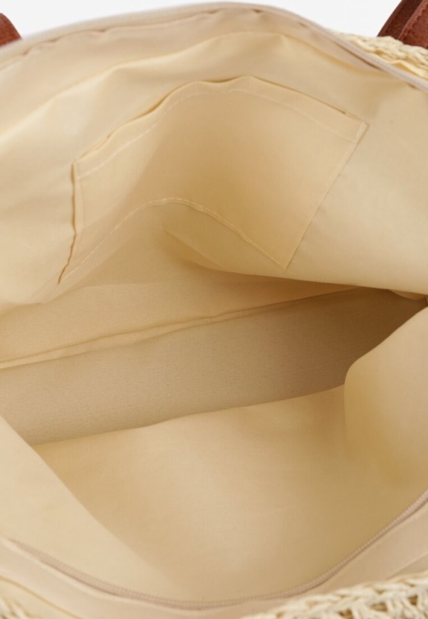 Jasnobeżowa Duża Pleciona Torebka Wykończona Rączkami z Imitacji Skóry Carpinea