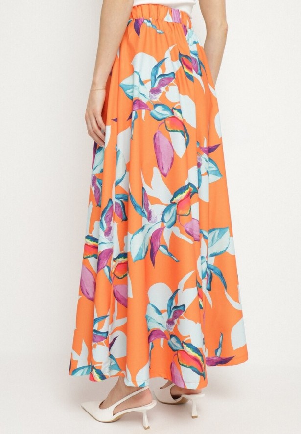 Pomarańczowe Spodnie Wiskozowe Szerokie we Florystyczny Print Orelvia
