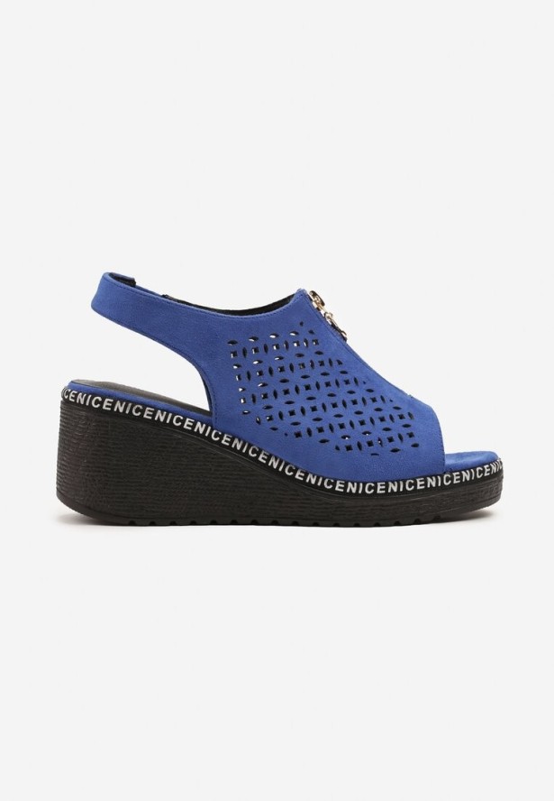 Niebieskie Sandały Vices na Koturnie z Ażurową Cholewką i Suwakiem Linalunea