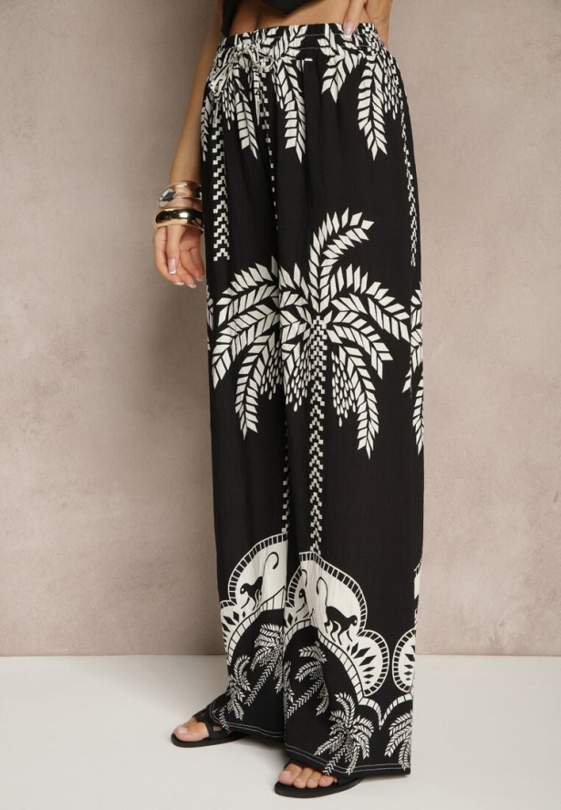 Czarne Spodnie z Wiskozy o Szerokim Kroju High Waist z Palmami Varritia