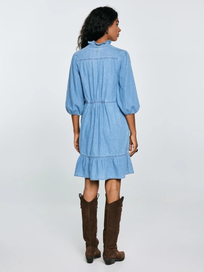 Sukienka damska mini jeansowa z dodatkiem lnu niebieska Rosalie 280