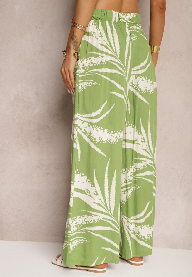 Jasnozielone Szerokie Spodnie z Wiskozy High Waist o Kroju Kulotów z Motywem Liści Vimanelle