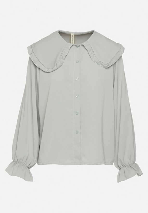 Jasnozielona Koszula z Ozdobnym Kołnierzykiem i Falbankami Emilarae