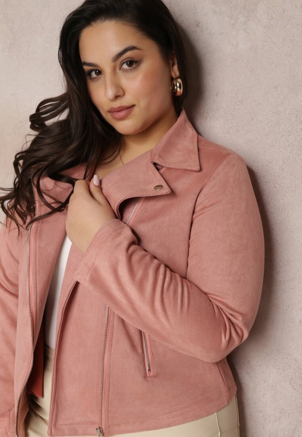 Ciemnoróżowa Asymetryczna Kurtka Ramoneska z Imitacji Zamszu Kmiya