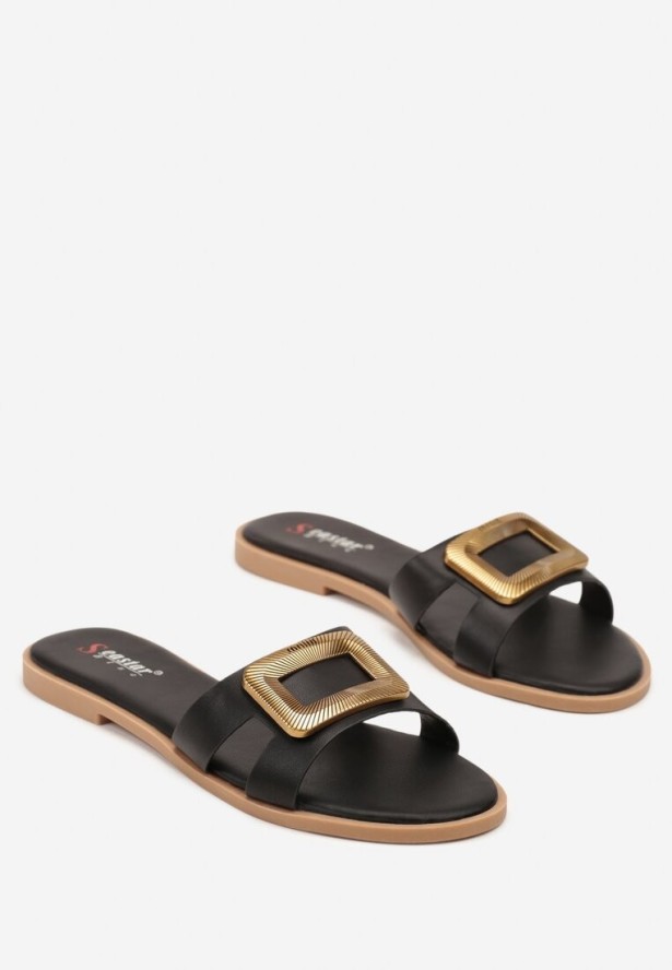 Czarne Klapki na Płaskiej Podeszwie z Metaliczną Aplikacją Salaminea