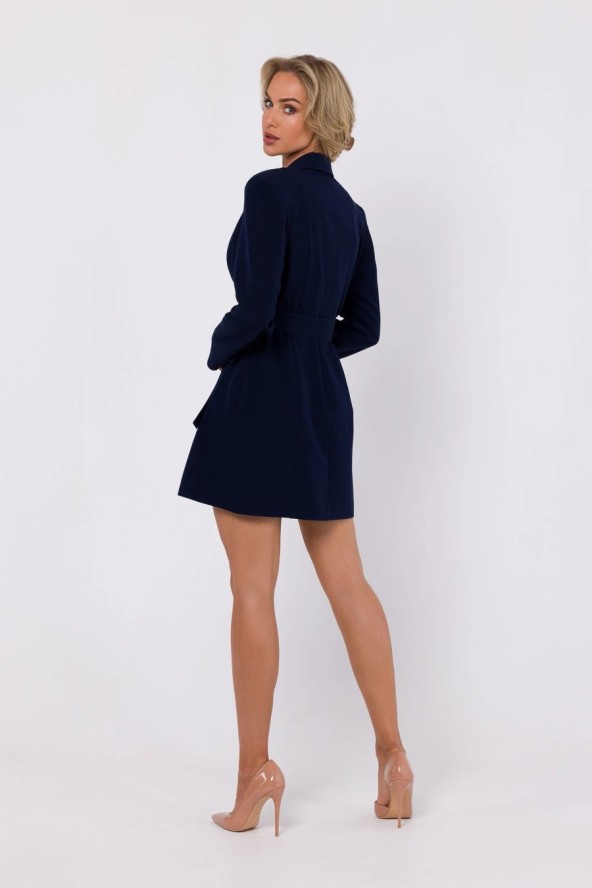 Sukienka żakietowa z kołnierzem i paskiem w talii granatowa