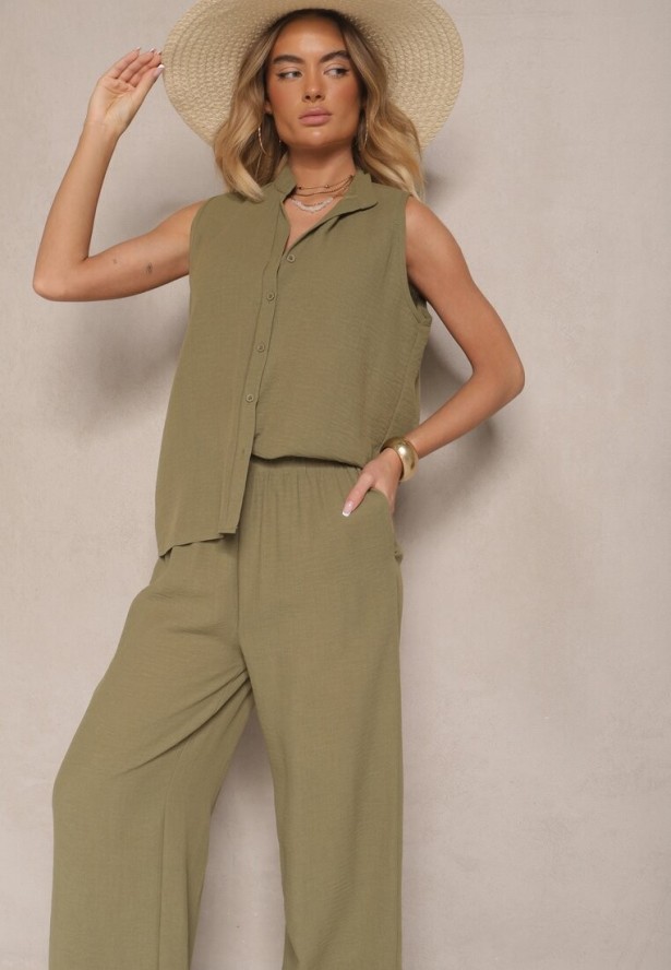 Ciemnozielony Komplet Koszula na Guziki bez Rękawów i Szerokie Spodnie Telaritia
