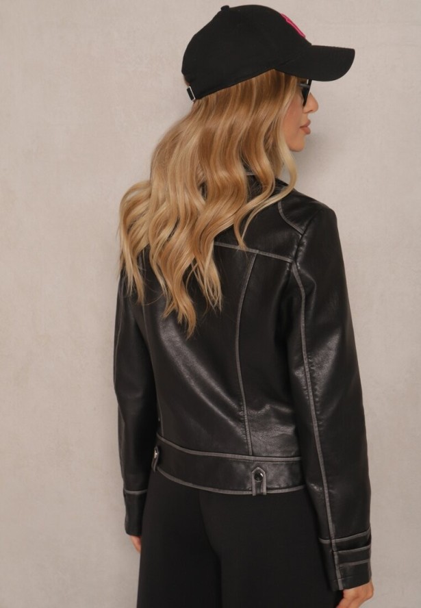 Czarna Kurtka Typu Ramoneska Zdobiona Kontrastowymi Przeszyciami i Nitami Adivona