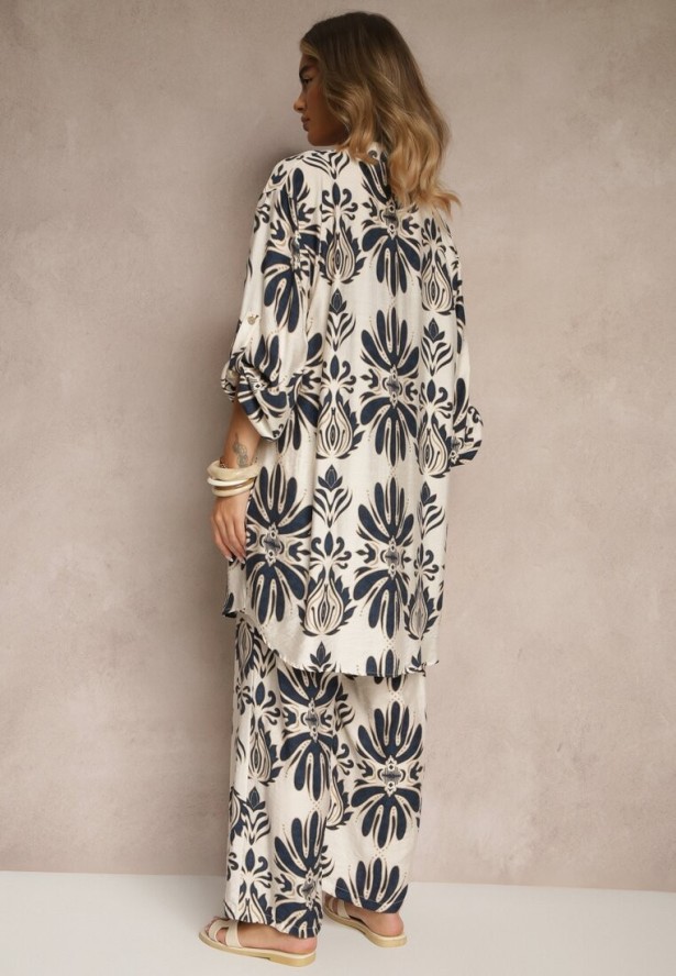 Niebieski Komplet z Wiskozą Spodnie o Szerokim Kroju i Długa Koszula Rinviela