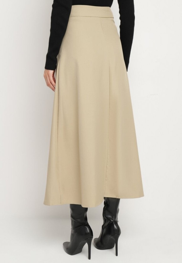 Jasnobeżowa Trapezowa Spódnica Plisowana z Wiskozą Ozdobiona Klamrą Calemi