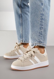 Beżowo-Białe Sneakersy z Ozdobnymi Naszywkami z Boku Galdexis