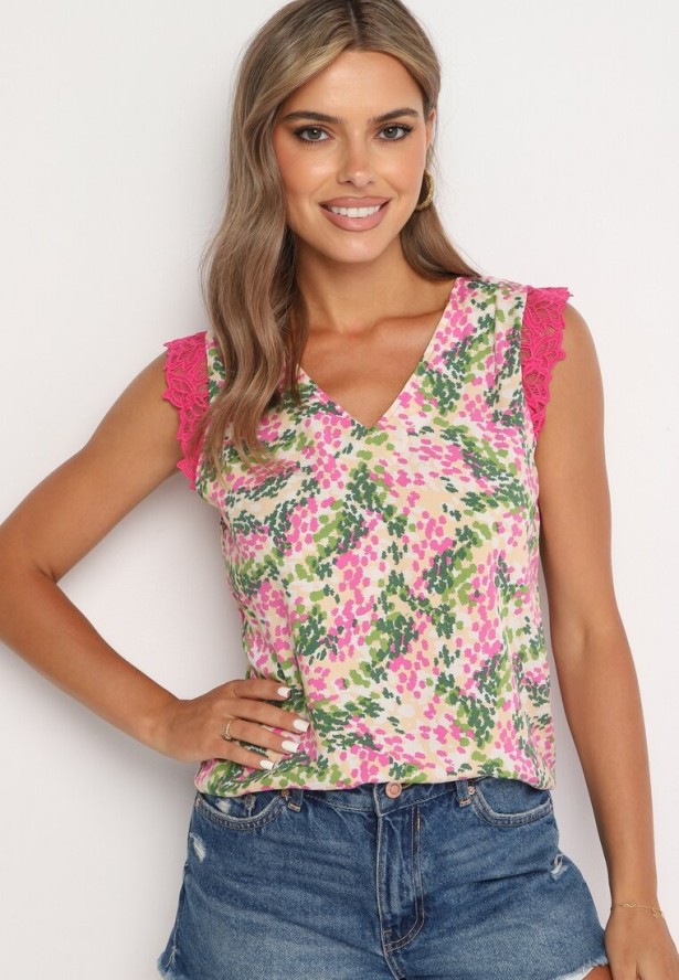 Fuksjowa Top z Wiskozy z Koronką Wokół Ramion Krivia