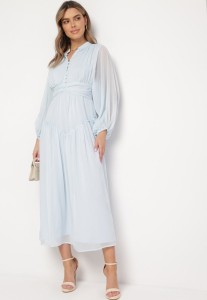 Jasnoniebieska Długa Sukienka Koktajlowa w Stylu Retro z Plisami i Stójką Leowia