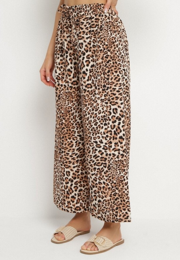 Beżowo-Brązowe Spodnie o Szerokim Kroju z Gumką w Talii w Panterkę Filassena