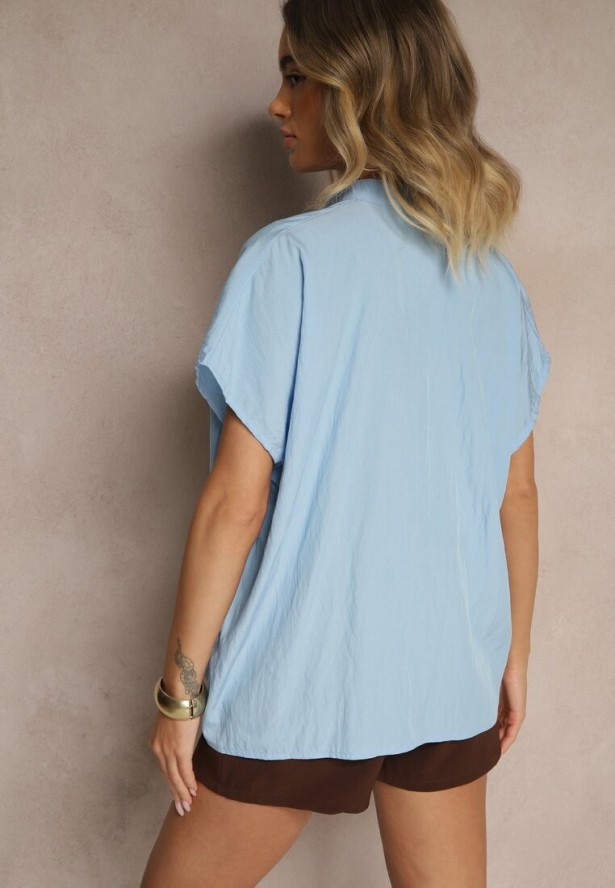 Jasnoniebieska Bluzka Oversize z Wiskozą o Kroju Nietoperz z Dekoltem w Serek Davithiel
