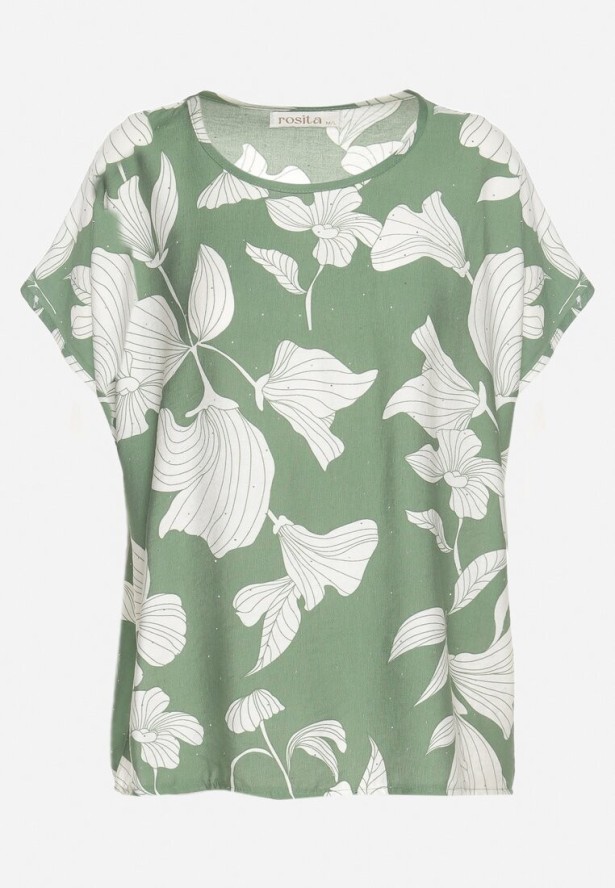 Zielona Bluzka o Nietoperzowym Kroju z Lnem i Wiskozą Zdobiona Cyrkoniami Rinelitia