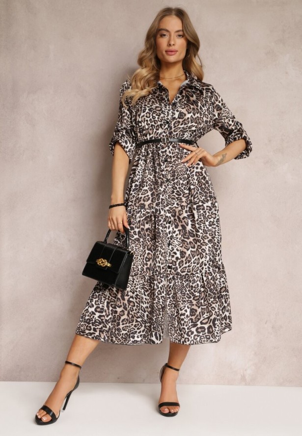 Brązowa Sukienka w Panterkę z Paskiem Antibrote