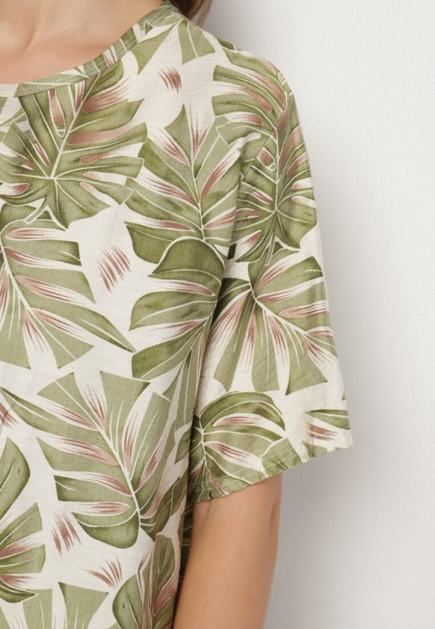 Ciemnozielony Wiskozowy Komplet z Motywem Roślinnym Szerokie Spodnie i T-shirt Evianira