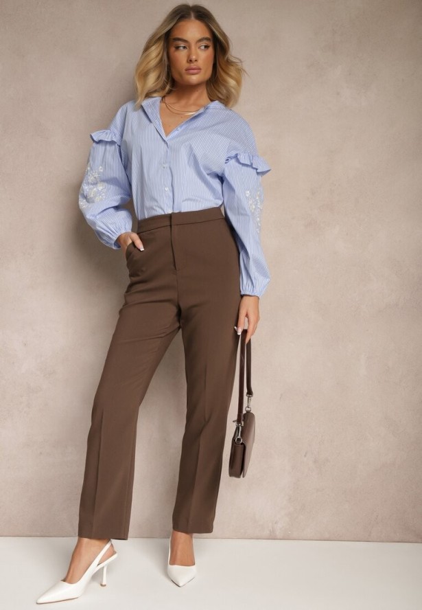 Niebieska Koszula z Bawełny Zdobiona Haftem i Falbanami Bez Kołnierzyka Solvia