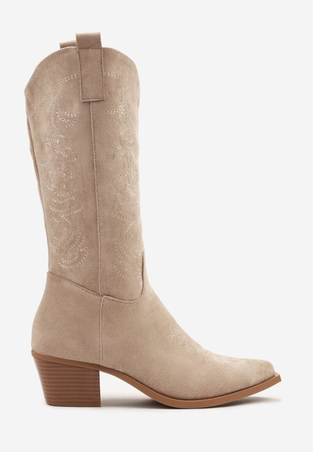 Ciemnobeżowe Botki Typu Kowbojki na Stożkowym Obcasie Naladia