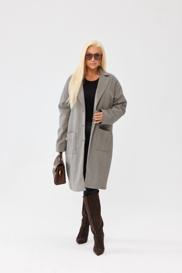 Beżowy klasyczny płaszcz Megan w jodełkę PLUS SIZE XXL OVERSIZE JESIEŃ