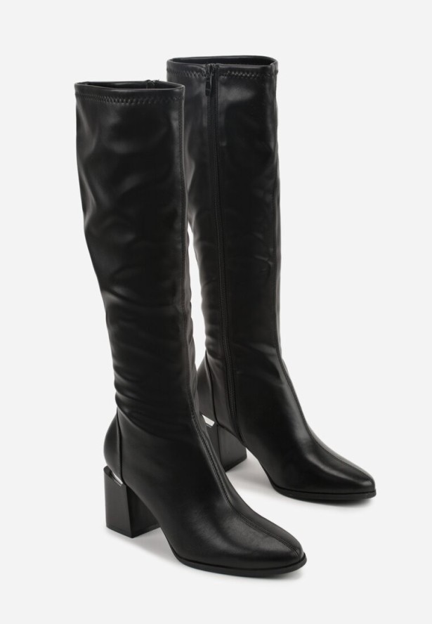 Czarne Klasyczne Kozaki VICES na Słupkowym Obcasie z Metaliczną Aplikacją Rannora