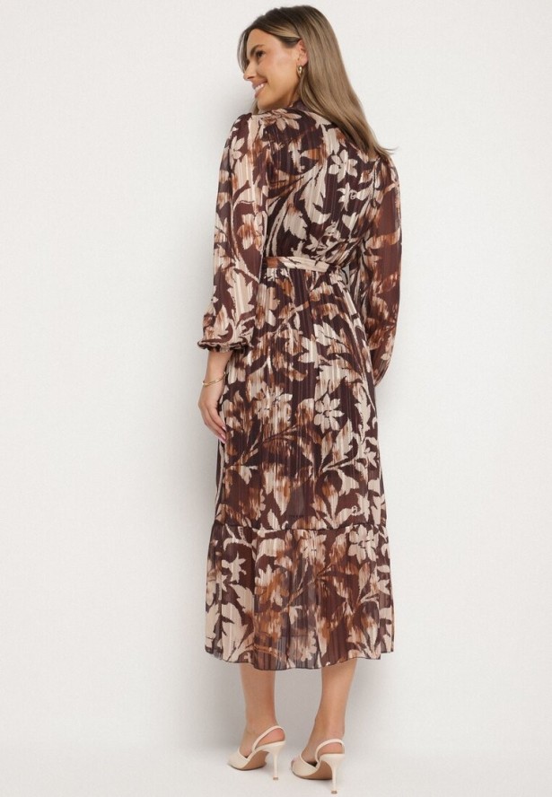 Beżowa Rozkloszowana Sukienka z Wiązanym Paskiem i Metaliczną Nicią Nalirina