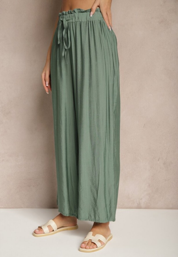 Ciemnozielone Spodnie High Waist o Szerokim Kroju z Wiązaniem Telisiela