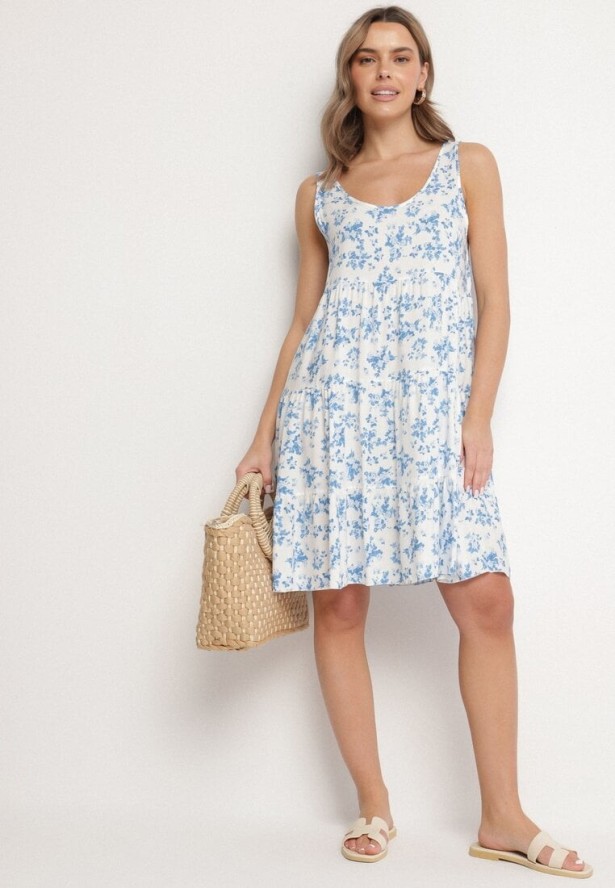 Biało-Niebieska Rozkloszowana Sukienka z Bawełny z Kwiatowym Wzorem Anniviana