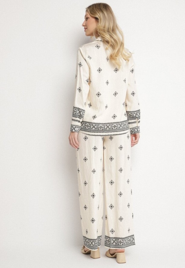 Beżowy Komplet z Wiskozą Spodnie o Szerokim Kroju i Koszula Tatorela