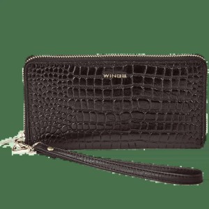 Damski portfel skórzany z paskiem na nadgarstek WINGS CROCO BLACK