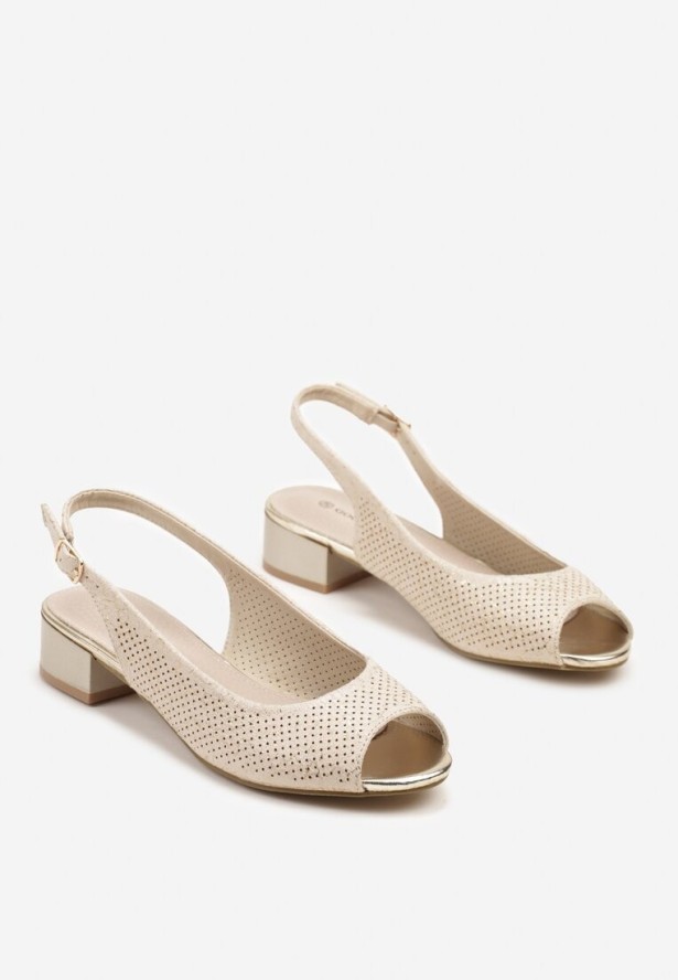 Beżowe Ażurowe Sandały na Niskim Słupku ze Skórzaną Wkładką Eleandea