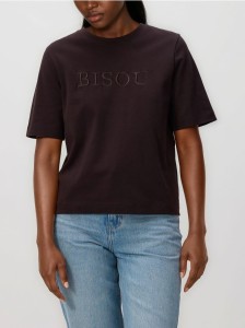T-shirt regular z haftem - ciemnobrązowy
