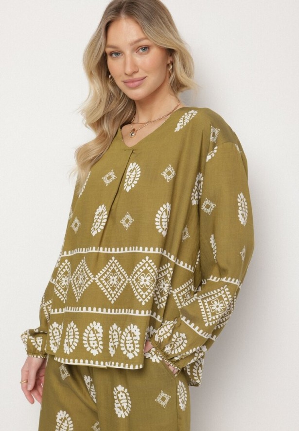 Ciemnozielony Komplet w Stylu Rustykalnym Luźna Bluzka i Spodnie z Wiskozą Emilaris