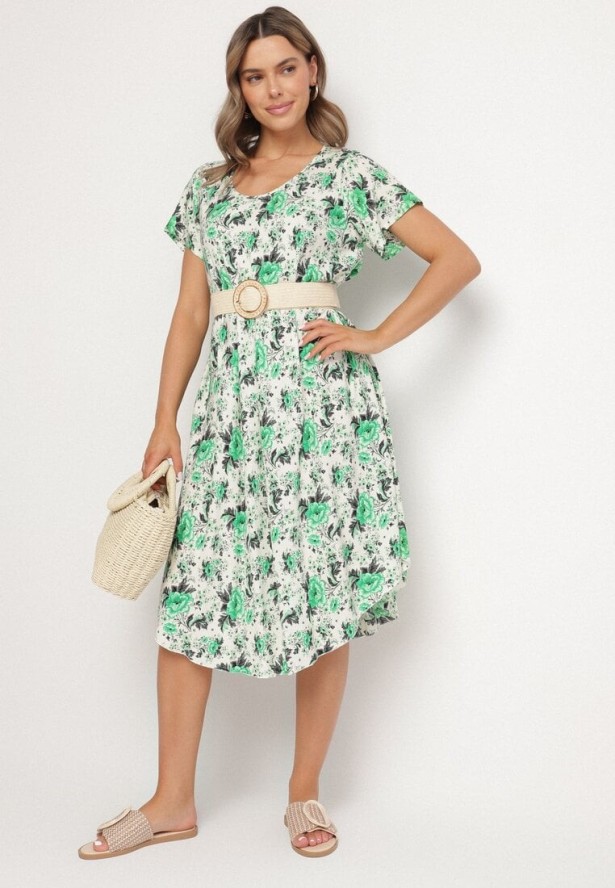 Zielona Sukienka Bawełniana z Asymetrycznym Dołem w Kwiatki Nativienne