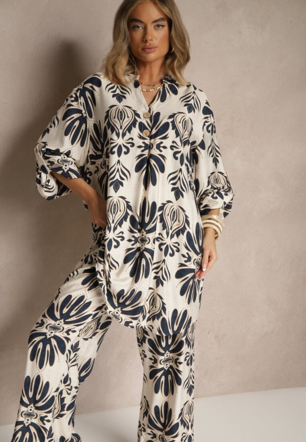 Niebieski Komplet z Wiskozą Spodnie o Szerokim Kroju i Długa Koszula Rinviela