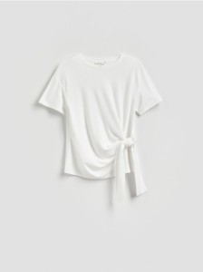 T-shirt z ozdobnym wiązaniem - złamana biel