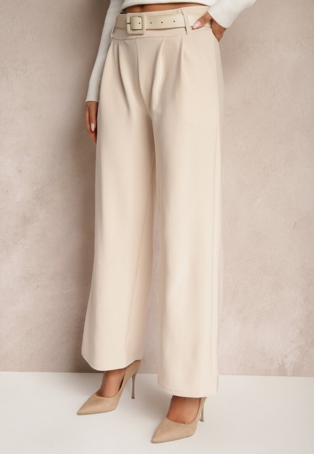 Beżowe Garniturowe Spodnie High Waist z Gumką i Dodatkowym Paskiem w Talii Mattine