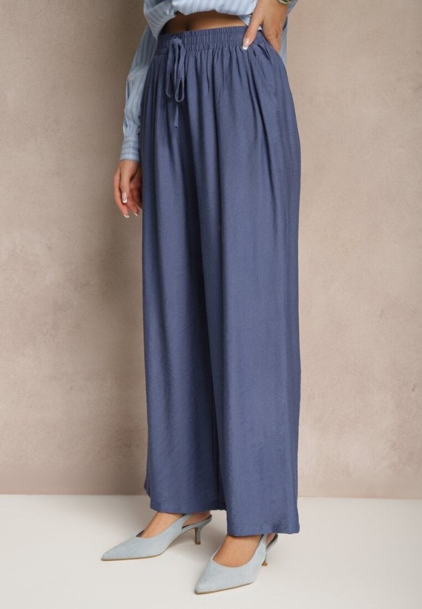 Granatowe Spodnie o Szerokim Kroju High Waist z Wiązaniem Fenalin