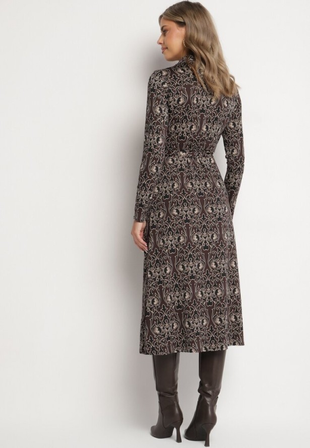 Brązowo-Beżowa Sukienka Koszulowa Ozdobiona Ornamentalnym Wzorem Mesilie