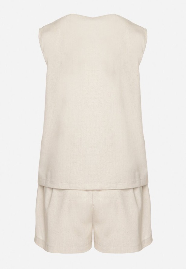Jasnobeżowy Komplet z Wiskozy Szorty i Bluzka na Guziki z Kieszeniami Alaniella