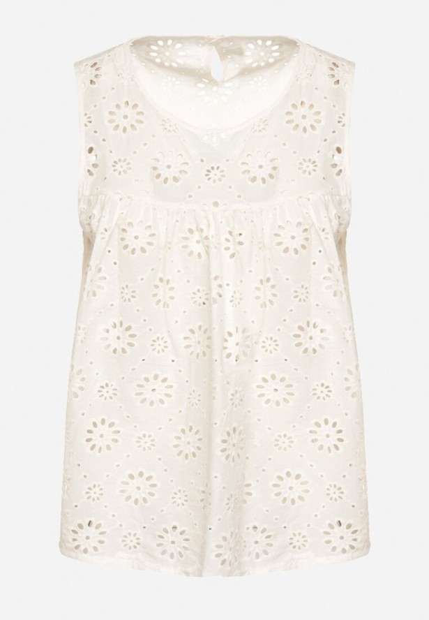 Jasnobeżowa Bawełniana Bluzka Top Bez Rękawów o Ażurowym Wykończeniu Xilnea