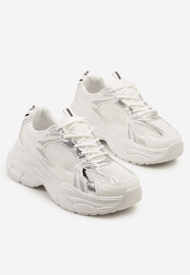 Biało-Srebrne Sneakersy Vices na Platformie Ozdobione Tłoczeniem Natiselle