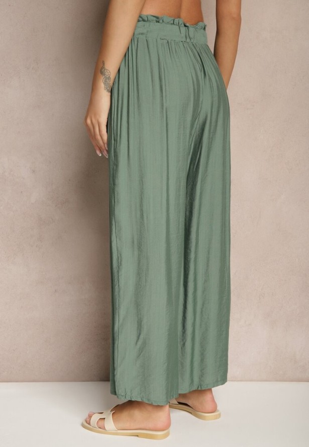 Ciemnozielone Spodnie High Waist o Szerokim Kroju z Wiązaniem Telisiela