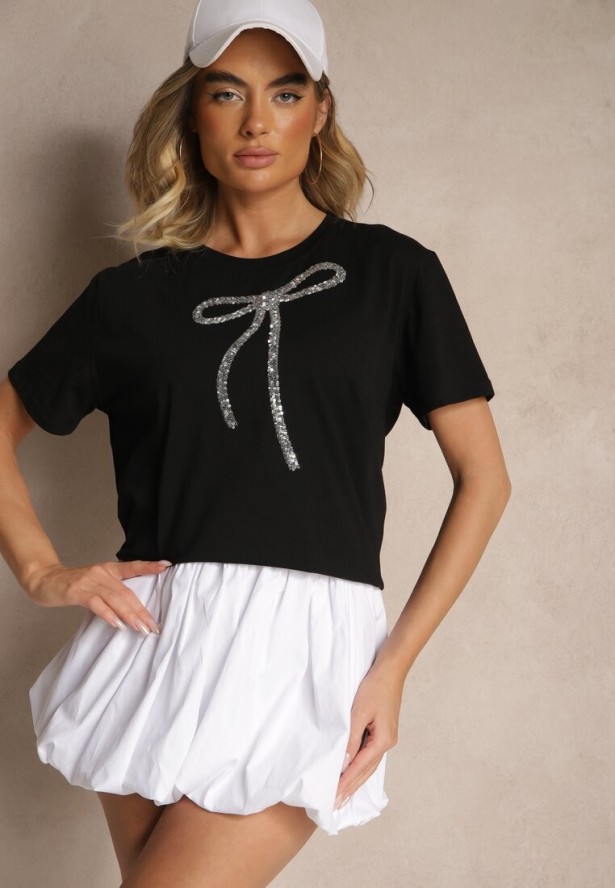 Czarny Bawełniany T-shirt z Cekinową Aplikacją w Kształcie Kokardy Tenuria