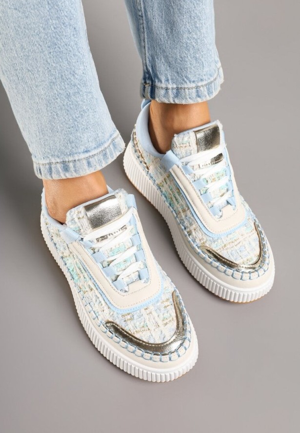 Biało-Niebieskie Sneakersy na Grubej Podeszwie Zdobione Tweedem i Przeszyciami Ulamoriela